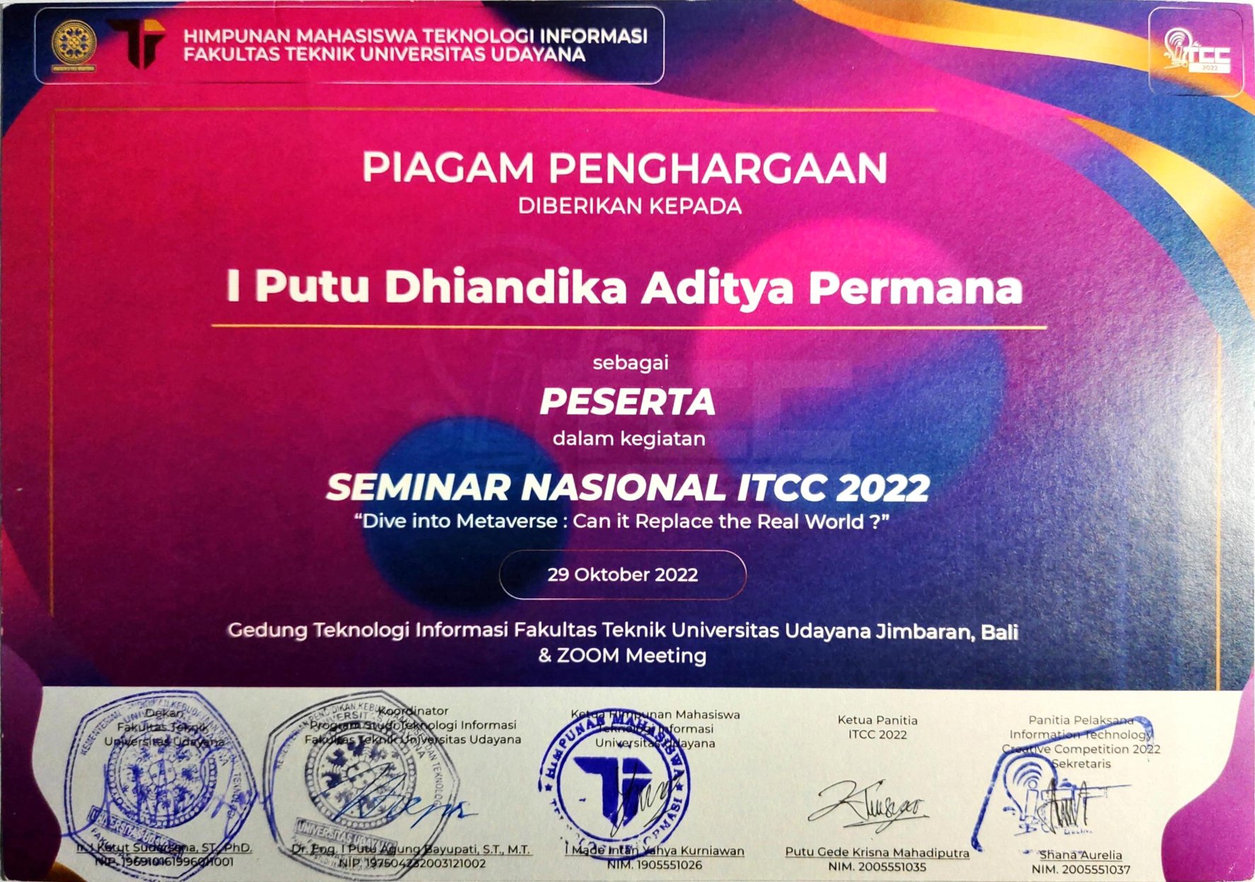 SEMINAR NASIONAL ITCC 2022 "Dive into Metaverse : Can it Replace the Real World ?"